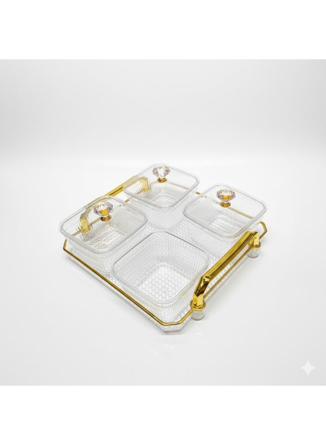 طقم ضيافة وتقديم أكريليك فاخر 4 أوعية بغطاء مع صينية بمقابض ذهبية - منظم مكسرات وحلوى وتمور عصري للمناسبات والأعياد (شفاف) - Image 4