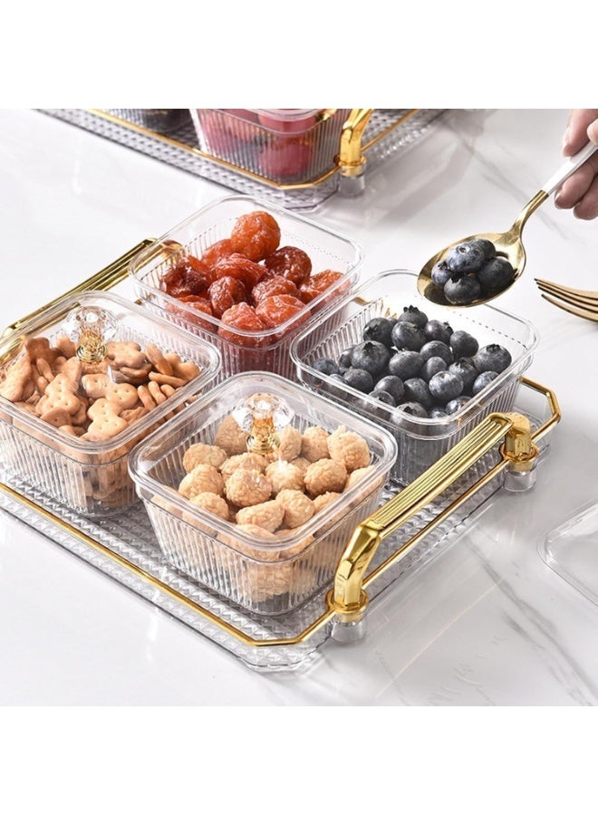 طقم ضيافة وتقديم أكريليك فاخر 4 أوعية بغطاء مع صينية بمقابض ذهبية - منظم مكسرات وحلوى وتمور عصري للمناسبات والأعياد (شفاف) - Image 3