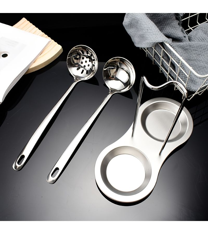 Silvery Stainless Steel Spoon Rest with Draining Double Round Stand Keeps Tabletop Clean Organized - Image 4