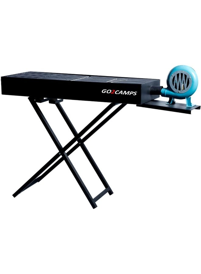 GO2CAMPS Barbeque Grill with Blower Fan Foldable Stand with X Shape Large-90 cm | Charcoal BBQ Grill Kabab, Portable BBQ Manual Air Blower-Heavy Duty-Shish Kabob Portable Camping Cooking for Outdoor - Image 1