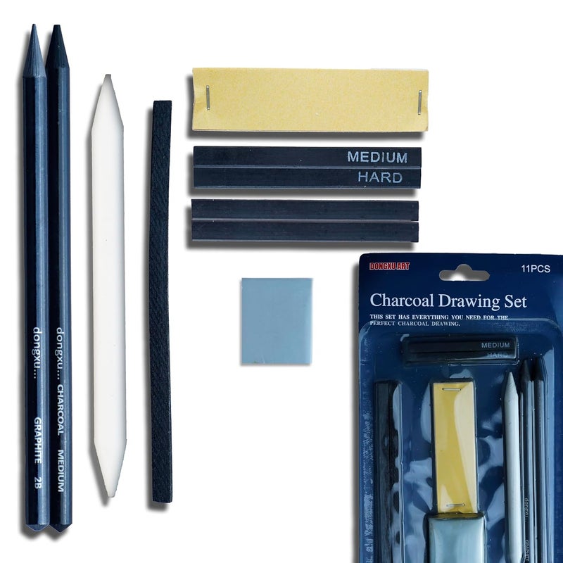 ArtRight Artists Sketching Kit 11 Pcs Drawing Set with 2 Graphite Pencils, 2 Compressed Charcoal, 2 Graphite Sticks, 2 Charcoal Sticks, Blending Stump, Kneaded Eraser & Sandpaper Block - Image 1