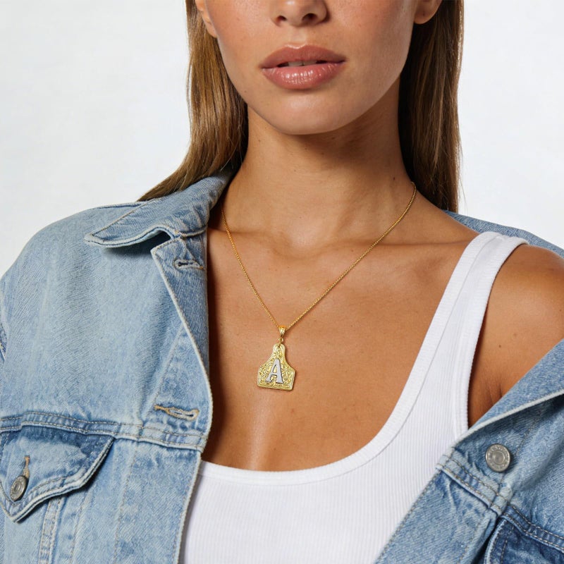 KissYan Western Cowgirl Initial Necklace for Men Women, 14K Gold Plated Cowboy Letter Pendant Necklace Handmade CowTag Two-Toned Jewelry Gift (Gold, Letter A) - Image 2