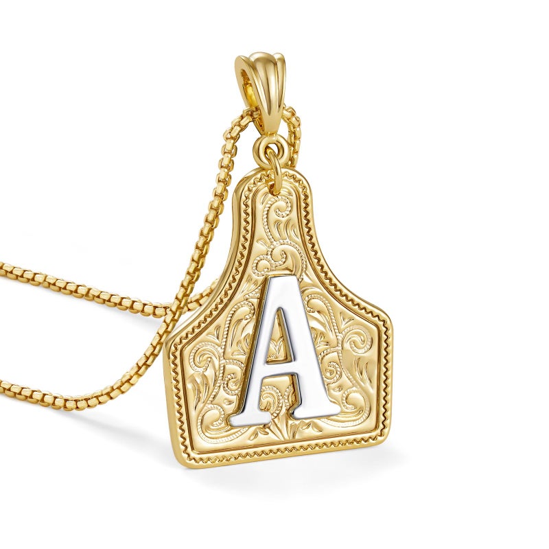 KissYan Western Cowgirl Initial Necklace for Men Women, 14K Gold Plated Cowboy Letter Pendant Necklace Handmade CowTag Two-Toned Jewelry Gift (Gold, Letter A) - Image 1