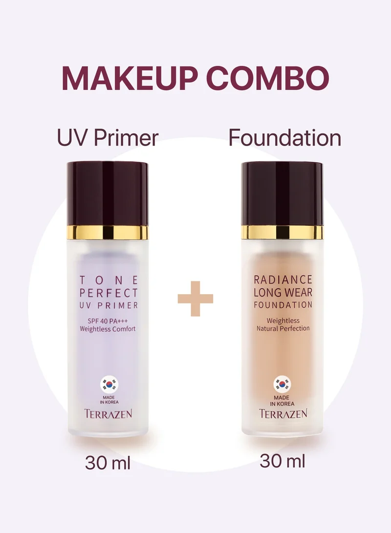 Terrazen Korean Makeup Bundle - Hydrating Face Primer SPF40 (Lavender Purple) & Liquid Foundation CC Cream (Natural Beige) - Color Correcting, Long-Lasting Coverage for Sensitive Skin