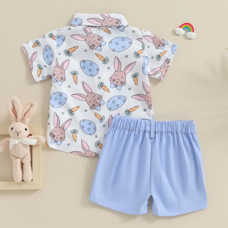 LAGKIYOJ Toddler Boy Easter Outfits Carrot Bunny Print Bowtie Short Sleeve Shirts Tops And Shorts Summer Clothes 2Pcs Set (Blue, 6-12 Months) - Image 4
