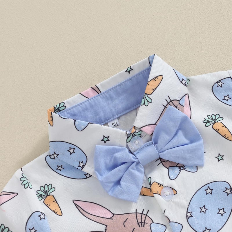 LAGKIYOJ Toddler Boy Easter Outfits Carrot Bunny Print Bowtie Short Sleeve Shirts Tops And Shorts Summer Clothes 2Pcs Set (Blue, 6-12 Months) - Image 5