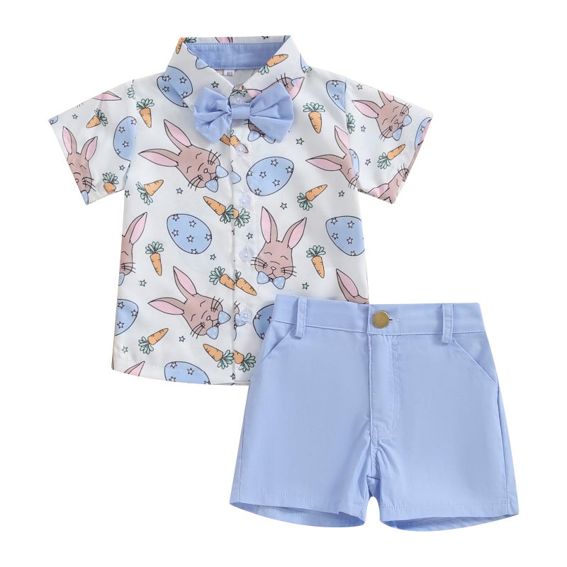 LAGKIYOJ Toddler Boy Easter Outfits Carrot Bunny Print Bowtie Short Sleeve Shirts Tops And Shorts Summer Clothes 2Pcs Set (Blue, 6-12 Months) - Image 1