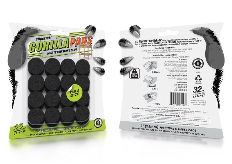 Slipstick GorillaPads 1 Inch Non-Slip Furniture Pads/Gripper Feet Skids (Set of 32) Self Adhesive Rubber Floor Protectors, Round, Black, CB147-32 - Image 2
