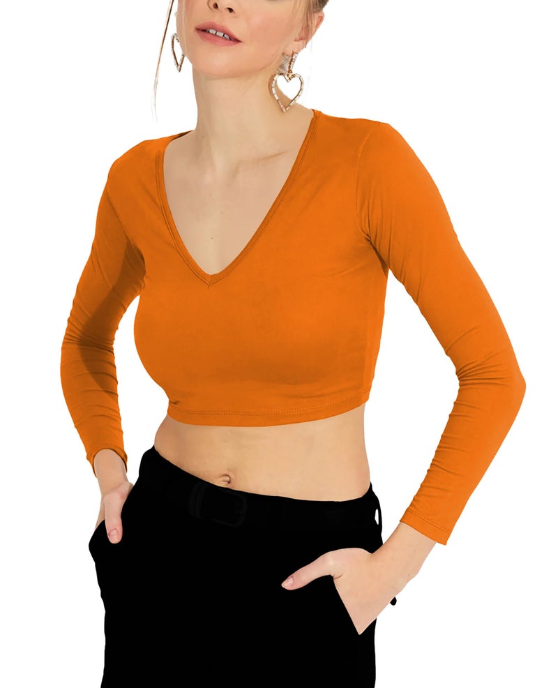 THE BLAZZE Women's Cotton Stretchable Regular Fit Deep V Neck Long | Full Sleeve Solid Crop Top for Women L535 1309 (M, ORG) - Image 1