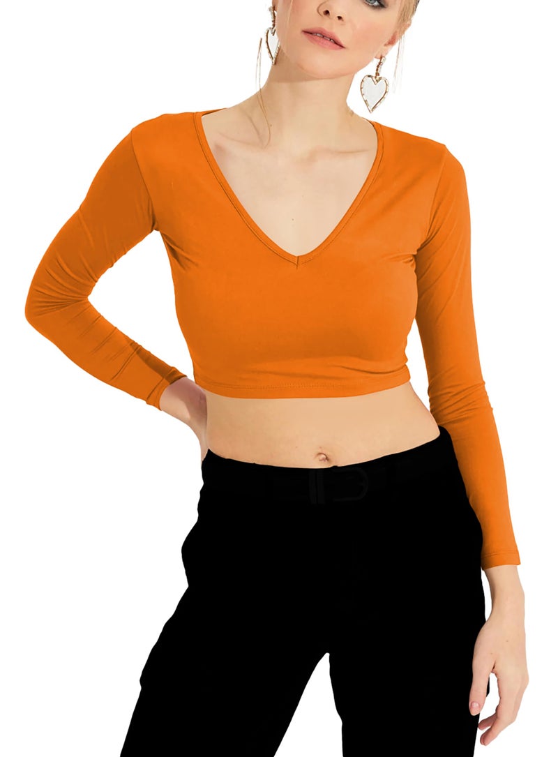 THE BLAZZE Women's Cotton Stretchable Regular Fit Deep V Neck Long | Full Sleeve Solid Crop Top for Women L535 1309 (M, ORG) - Image 3