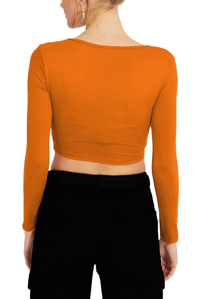 THE BLAZZE Women's Cotton Stretchable Regular Fit Deep V Neck Long | Full Sleeve Solid Crop Top for Women L535 1309 (M, ORG) - Image 2