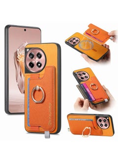 erorex For OnePlus Ace 3 5G / 12R 5G Retro Magsafe Cross Leather Ring Holder Card Bag Phone Case(Yellow) 