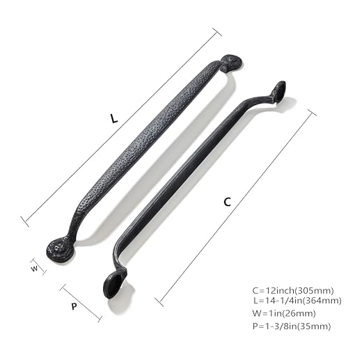 CABDM 5 Pack 12 Inch (305mm) Hole Center Rustic Black Iron Cabinet Pulls,Antique Black Hammered Kitchen Cabinet Hardware Vintage Pulls for Drawers - Image 2