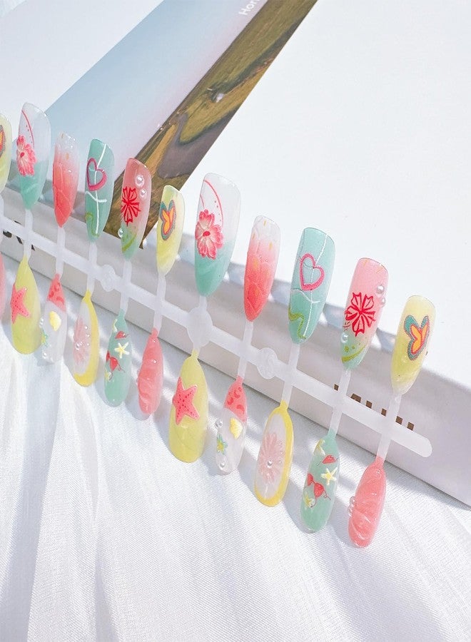 FDSQHSA 30pcs Summer Press on Nails Medium Almond Fake Nails with 3D Flower Starfish Designs Summer Beach False Nails Pearl Glue on Nails Handmade Full Cover Acrylic Nails Stick on Nails for Women - Image 2