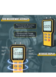 Y&D Manometer Professional Digital Display Gas Pressure Tester Handheld Hvac Dual Port 12 Selectable Units Differential Gauge, ±20.68kpa  - Image 3