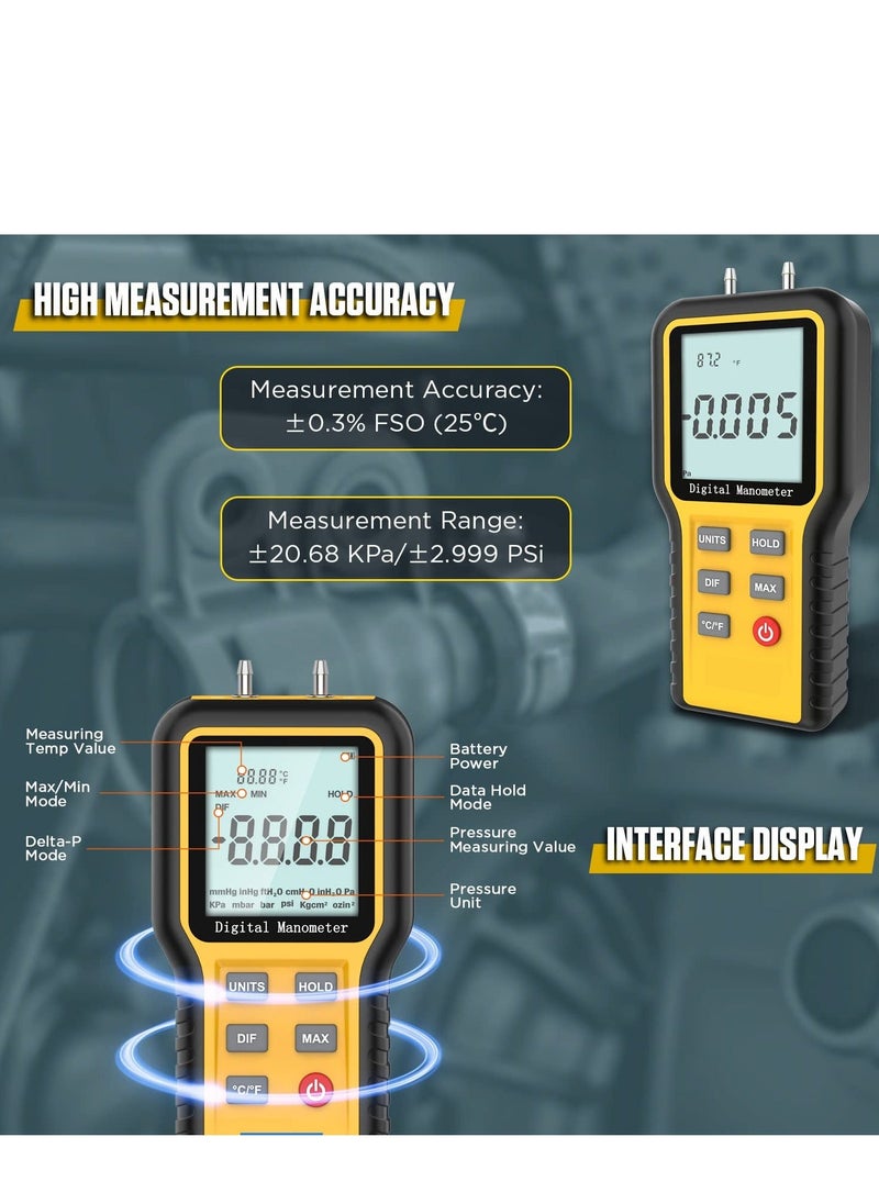 Y&D - Manometer Professional Digital Display Gas Pressure Tester Handheld Hvac Dual Port 12 Selectable Units Differential Gauge, ±20.68kpa - Image 1