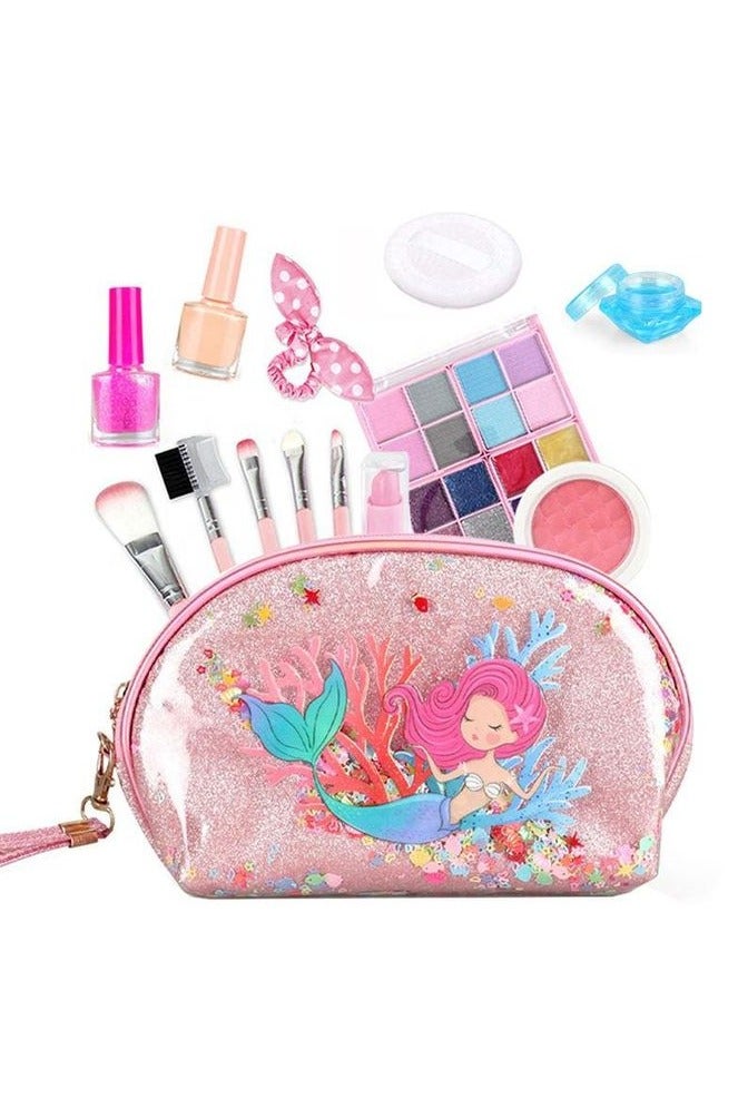Kids Mermaid Makeup Set with Glitter Cosmetic Bag, 12 Colours Eyeshadow, Nail Polish, Brushes and AccessoriesWashable Beauty Fashion Toy Set Cosmetic Bags & Lip Stick Made of Durable Plastic  - Image 1