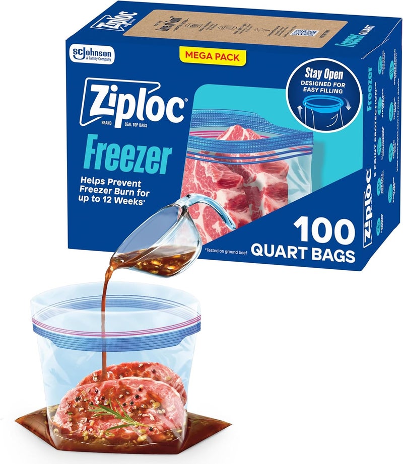 Ziploc Quart Food Storage Freezer Bags, Stay Open Design with Stand-Up Bottom, Easy to Fill, 100 Count - Image 1