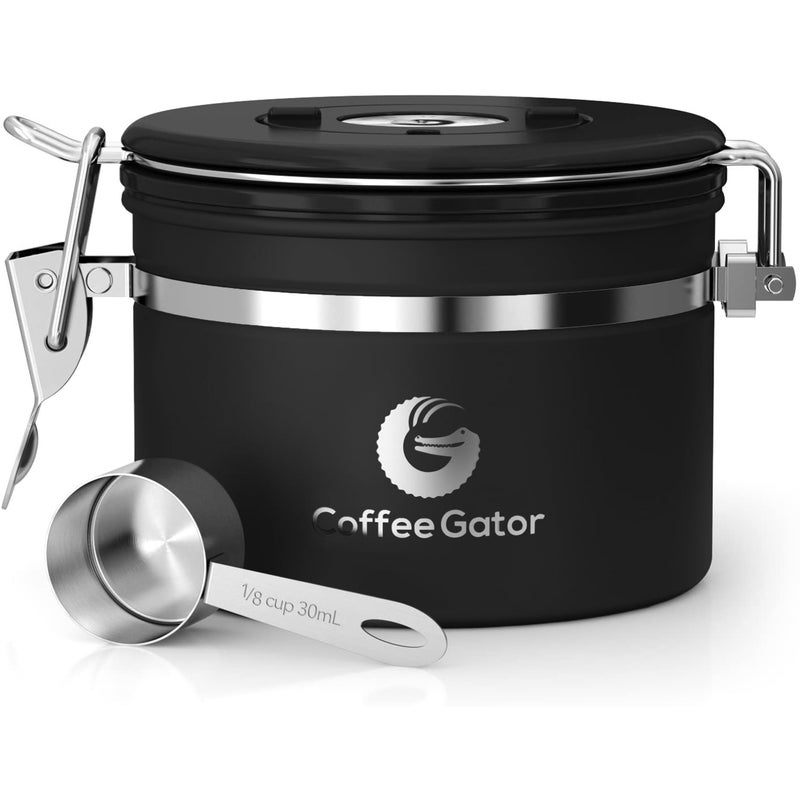 Coffee Gator Stainless Steel Canister - Large 22oz  Black Coffee Grounds and Beans Container with Date-Tracker  CO2-Release Valve  and Measuring Scoop - Ideal Coffee Lovers Gifts for Her