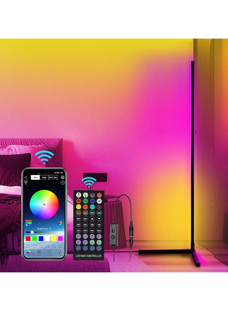 مصباح أرضي LED ذكي للزاوية، 158 سم/62.2 بوصة RGB مصباح أرضي للزاوية مصباح قائم لغرفة المعيشة مع جهاز تحكم عن بعد والتحكم في التطبيق، مصباح أرضي حديث LED - Image 1