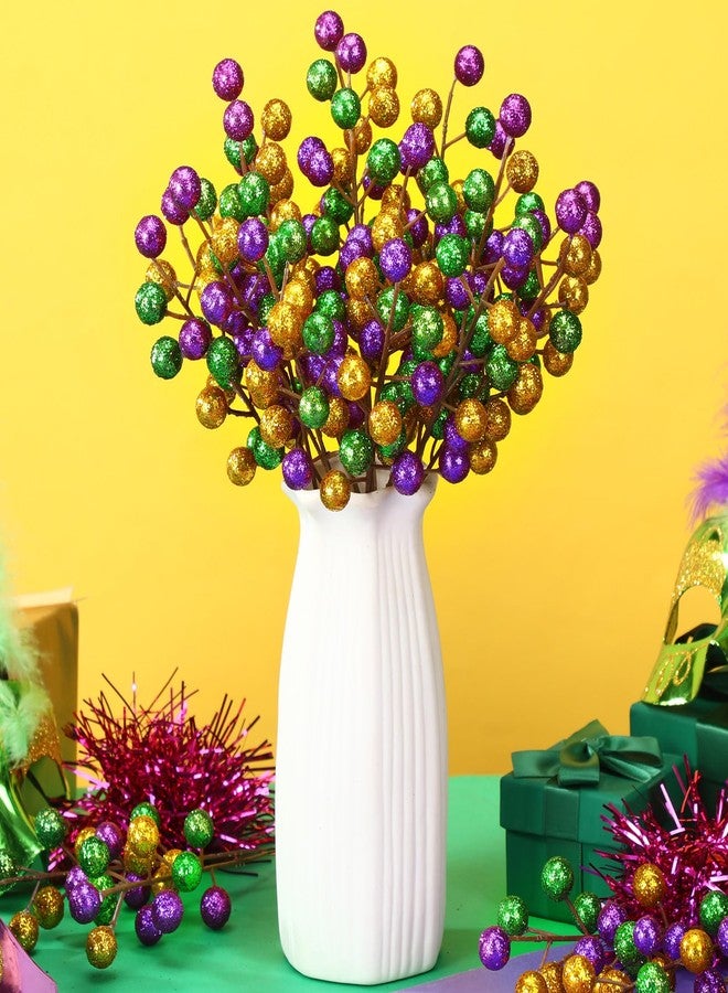 Maysing 24 Pcs Glitter Mardi Gras Christmas Artificial Berry Stems 26 Inch Carnival Purple Gold Green Picks Berry Branches Ornaments Mardi Gras Decoration for DIY Tree Wreath Crafts Gifts Carnival Home Decor - Image 3