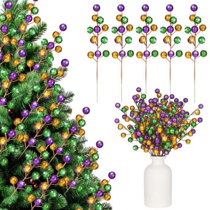Maysing 24 Pcs Glitter Mardi Gras Christmas Artificial Berry Stems 26 Inch Carnival Purple Gold Green Picks Berry Branches Ornaments Mardi Gras Decoration for DIY Tree Wreath Crafts Gifts Carnival Home Decor - Image 1