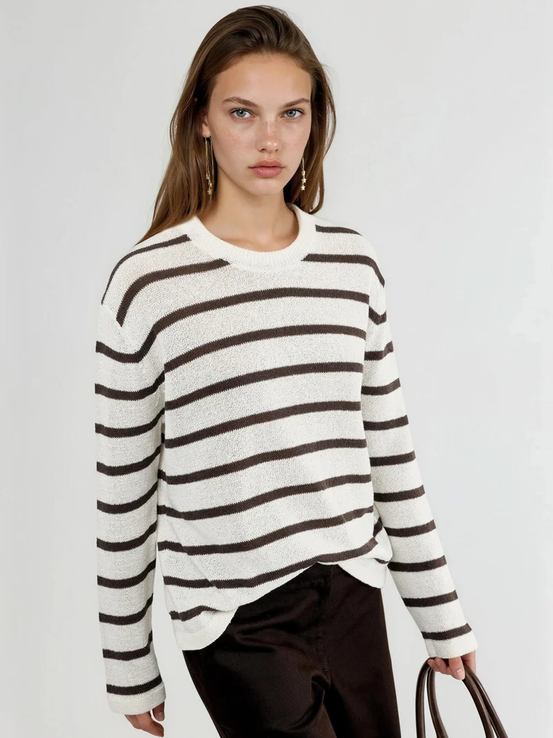 Qustyle QU STYLE Striped Ribbed Crew Neck Jumper