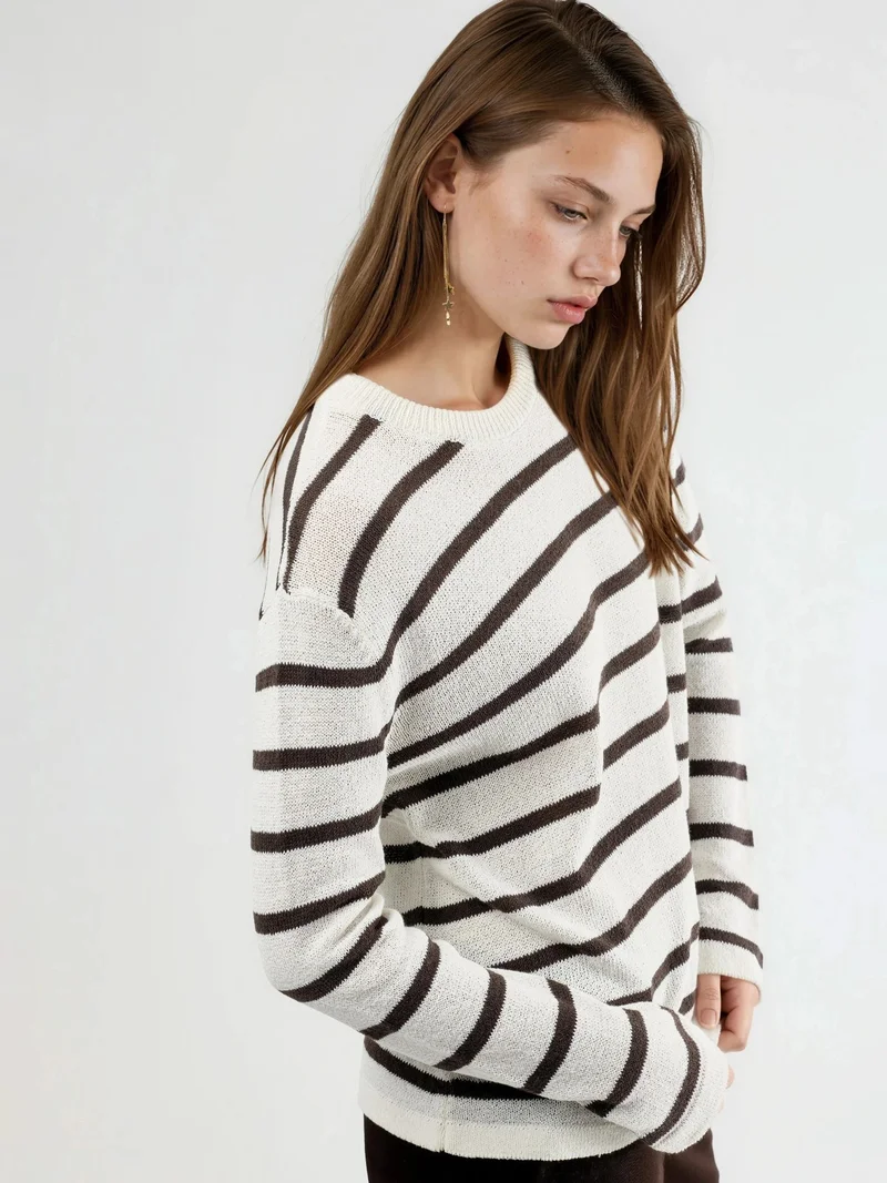 Qustyle QU STYLE Striped Ribbed Crew Neck Jumper