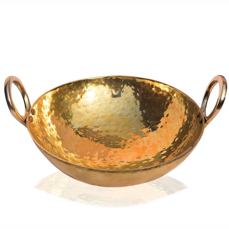 Pure Source India Brass Hammered Kadhai Kitchen Utential 12 inch (Gold, 1.8 KG) - Image 1