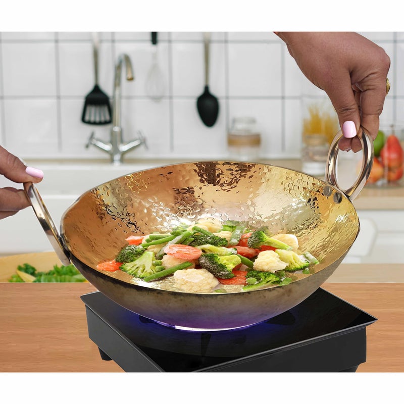 Pure Source India Brass Hammered Kadhai Kitchen Utential 12 inch (Gold, 1.8 KG) - Image 3