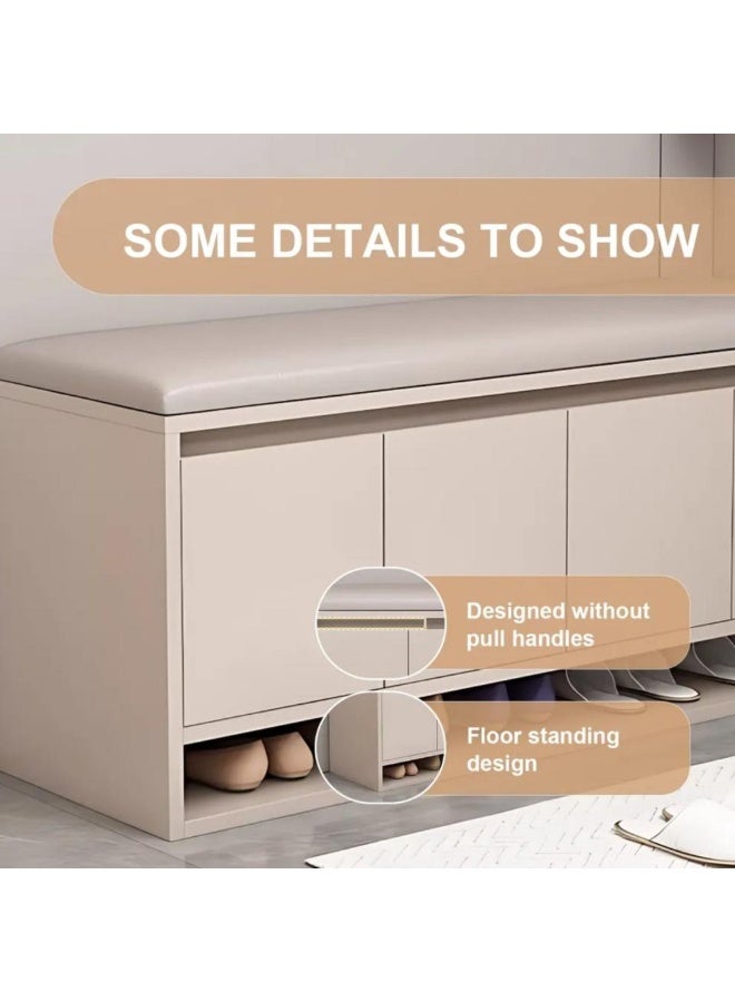 اليسا رتّب مدخل منزلك مع خزانة الأحذية المُحسّنة هذه، 3 في 1، بعرض ومساحة تخزين إضافية. يبلغ طولها 120 سم، وتوفر مقعدًا مريحًا مبطنًا قابلًا للطي مع مساحة تخزين مخفية، مثالية للضروريات اليومية مثل المحافظ والأوشحة والأدوات الإلكترونية. أسفلها، أربع خزائن ناعمة الإغلاق توفر لك مساحة منظمة وقابلة للتخصيص مع أرفف قابلة للإزالة تتسع لكل شيء من الأحذية الرياضية إلى الأحذية الطويلة. مصنوعة من خشب MDF متين ومطلية بمظهر أنيق غير لامع، تتحمل وزنًا يصل إلى 200 كجم ويمكن استخدامها كمقعد عملي. متوفرة باللونين الأبيض أو الكاكي لتتناسب بسلاسة مع أي مدخل أو غرفة نوم أو غرفة معيشة عصرية.... - Image 2