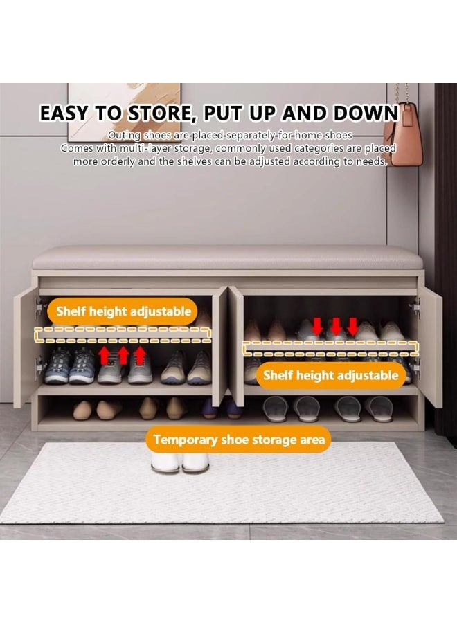 اليسا رتّب مدخل منزلك مع خزانة الأحذية المُحسّنة هذه، 3 في 1، بعرض ومساحة تخزين إضافية. يبلغ طولها 120 سم، وتوفر مقعدًا مريحًا مبطنًا قابلًا للطي مع مساحة تخزين مخفية، مثالية للضروريات اليومية مثل المحافظ والأوشحة والأدوات الإلكترونية. أسفلها، أربع خزائن ناعمة الإغلاق توفر لك مساحة منظمة وقابلة للتخصيص مع أرفف قابلة للإزالة تتسع لكل شيء من الأحذية الرياضية إلى الأحذية الطويلة. مصنوعة من خشب MDF متين ومطلية بمظهر أنيق غير لامع، تتحمل وزنًا يصل إلى 200 كجم ويمكن استخدامها كمقعد عملي. متوفرة باللونين الأبيض أو الكاكي لتتناسب بسلاسة مع أي مدخل أو غرفة نوم أو غرفة معيشة عصرية.... - Image 3
