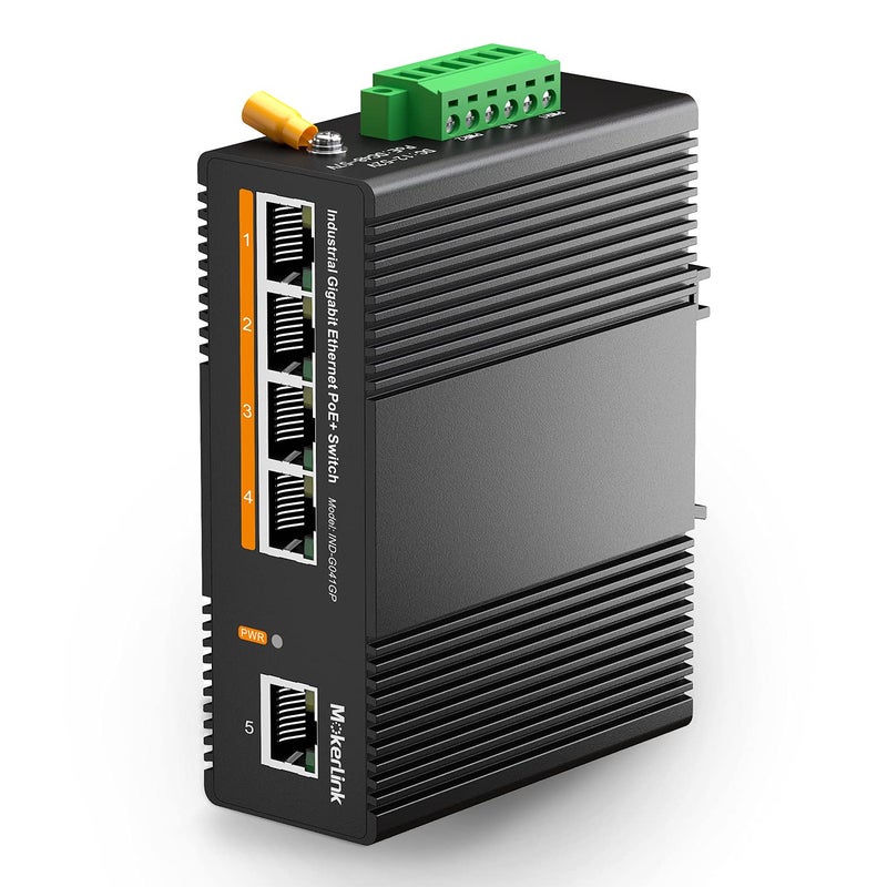 MokerLink محول ذو 5 منافذ جيجابت POE للاستخدام الصناعي، مصمم للتركيب على الرف (DIN-Rail)، بسعة تبديل بيانات تصل إلى 14 جيجابت في الثانية، مقاوم للظروف البيئية القاسية (معيار IP40)، درجة حرارة التشغيل من -40 إلى 185 فهرنهايت، مزود بمصدر طاقة من نوع UL. - Image 1