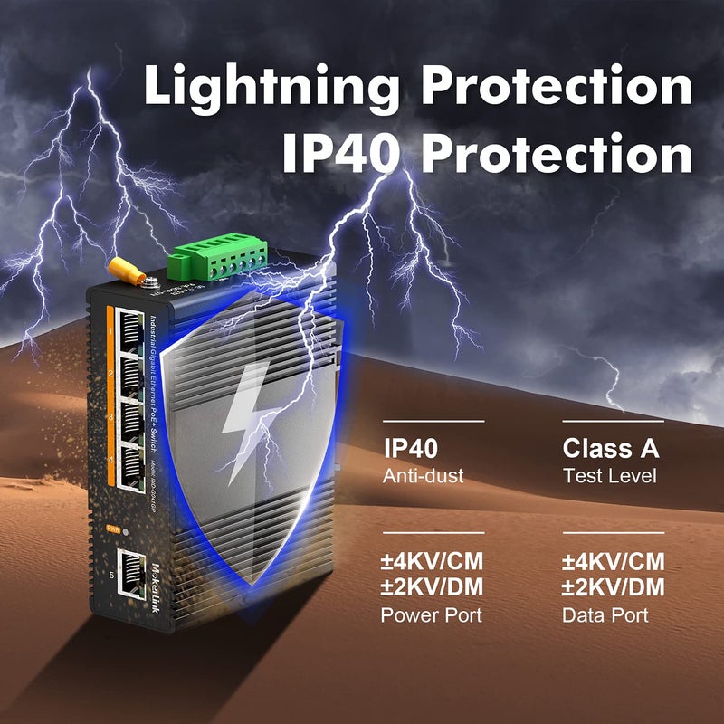 MokerLink محول ذو 5 منافذ جيجابت POE للاستخدام الصناعي، مصمم للتركيب على الرف (DIN-Rail)، بسعة تبديل بيانات تصل إلى 14 جيجابت في الثانية، مقاوم للظروف البيئية القاسية (معيار IP40)، درجة حرارة التشغيل من -40 إلى 185 فهرنهايت، مزود بمصدر طاقة من نوع UL. - Image 5