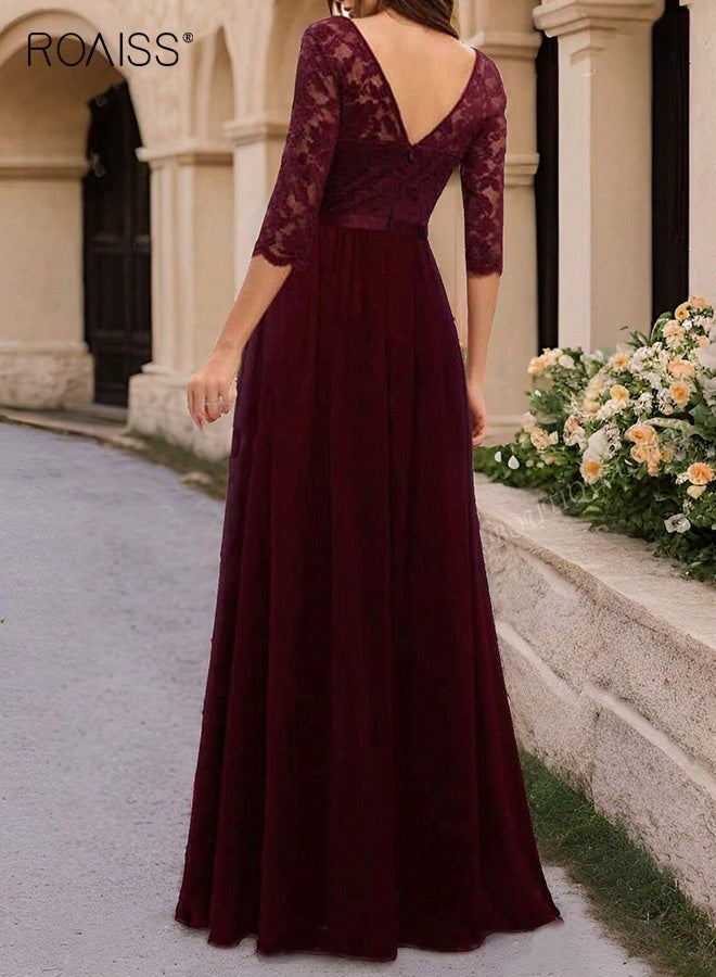رويس فستان ماكسي رسمي من الدانتيل مزهر للنساء لحفلات السهرة الأنيقة برقبة على شكل حرف V لضيوف الزفاف للسيدات بأكمام 3/4 وخياطة طويلة وخصر مرتفع فستان نبيل أحمر - Image 2