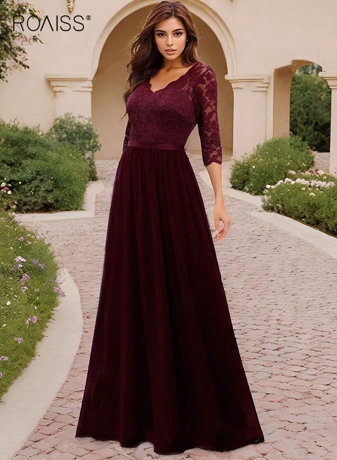 رويس فستان ماكسي رسمي من الدانتيل مزهر للنساء لحفلات السهرة الأنيقة برقبة على شكل حرف V لضيوف الزفاف للسيدات بأكمام 3/4 وخياطة طويلة وخصر مرتفع فستان نبيل أحمر - Image 3