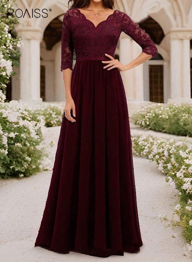 رويس فستان ماكسي رسمي من الدانتيل مزهر للنساء لحفلات السهرة الأنيقة برقبة على شكل حرف V لضيوف الزفاف للسيدات بأكمام 3/4 وخياطة طويلة وخصر مرتفع فستان نبيل أحمر - Image 1
