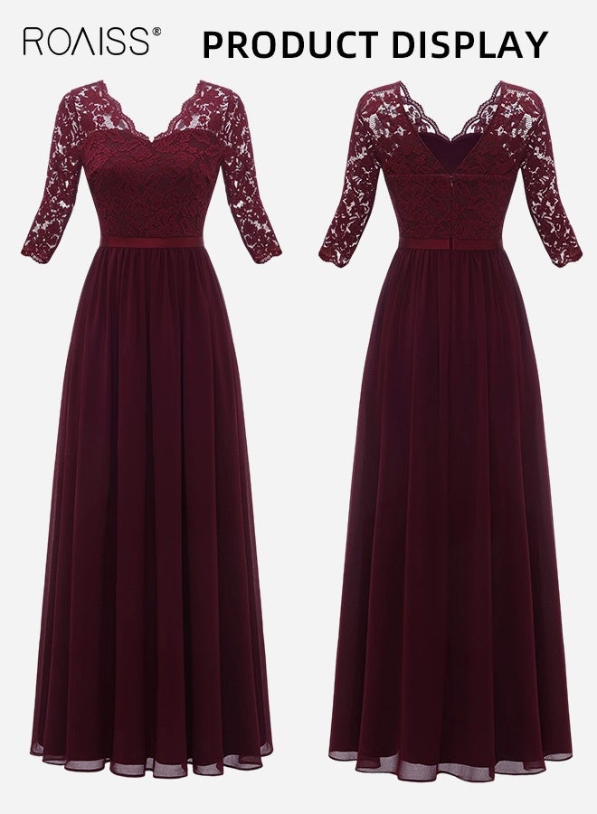 رويس فستان ماكسي رسمي من الدانتيل مزهر للنساء لحفلات السهرة الأنيقة برقبة على شكل حرف V لضيوف الزفاف للسيدات بأكمام 3/4 وخياطة طويلة وخصر مرتفع فستان نبيل أحمر - Image 4