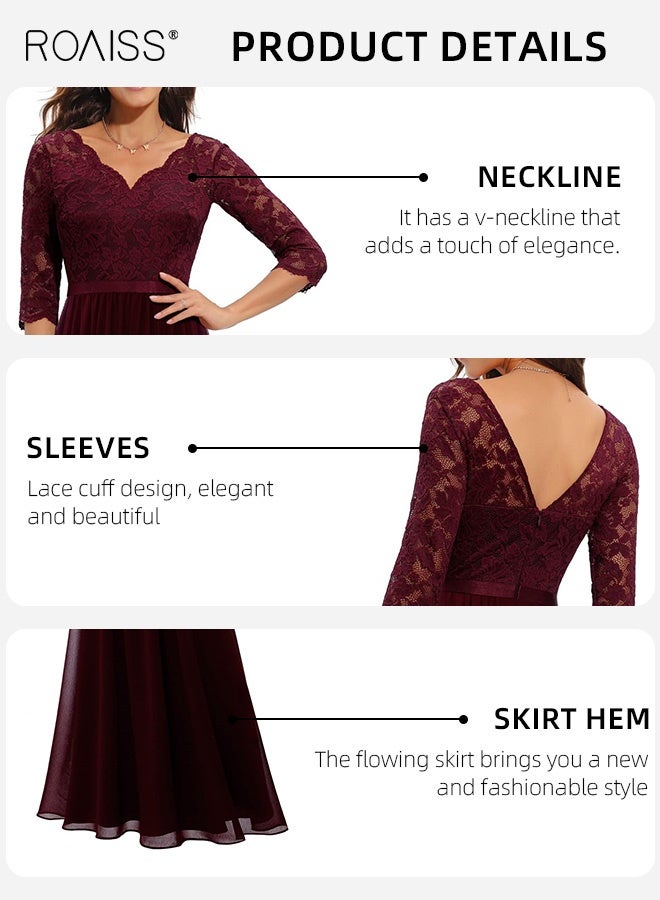 رويس فستان ماكسي رسمي من الدانتيل مزهر للنساء لحفلات السهرة الأنيقة برقبة على شكل حرف V لضيوف الزفاف للسيدات بأكمام 3/4 وخياطة طويلة وخصر مرتفع فستان نبيل أحمر - Image 5