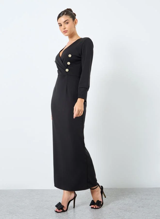 Styli Styli Black Maxi Blazer Dress with Button Detail