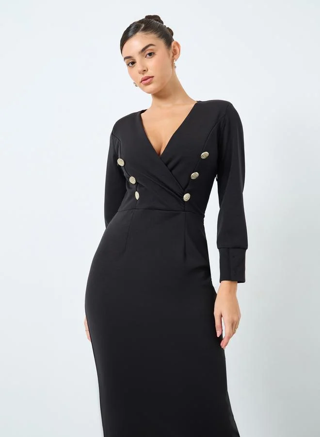 Styli Styli Black Maxi Blazer Dress with Button Detail