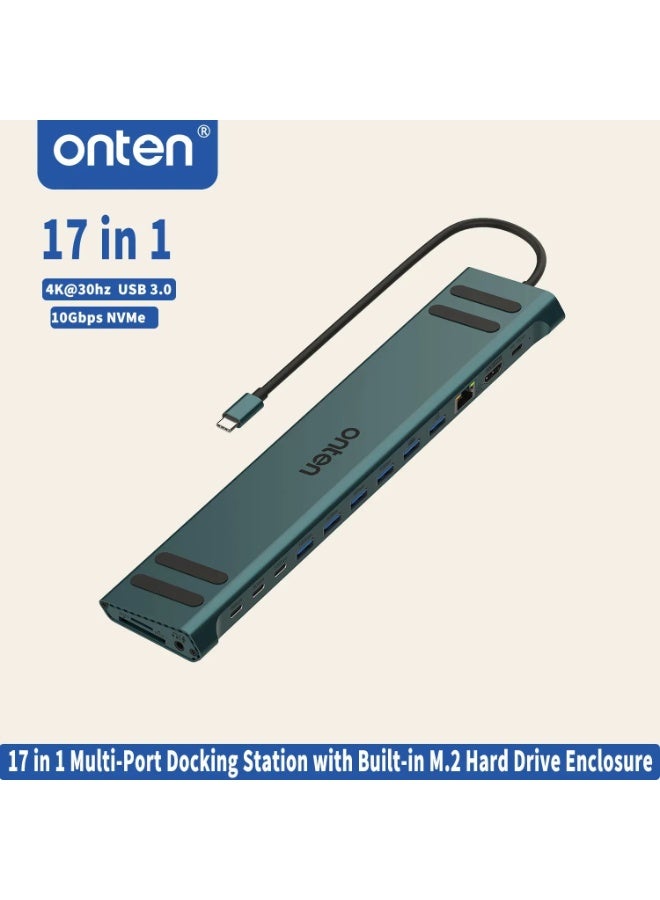 onten ont-9399 17-in-1 USB-C Hub Dual HDMI 4K M.2 HDD Enclosure 3-Screen Display Dual Gigabit Ethernet Card Reader for Laptop/Phone - Image 2