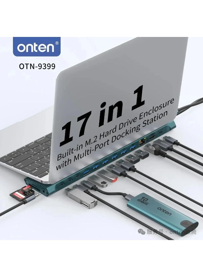 onten ont-9399 17-in-1 USB-C Hub Dual HDMI 4K M.2 HDD Enclosure 3-Screen Display Dual Gigabit Ethernet Card Reader for Laptop/Phone - Image 5