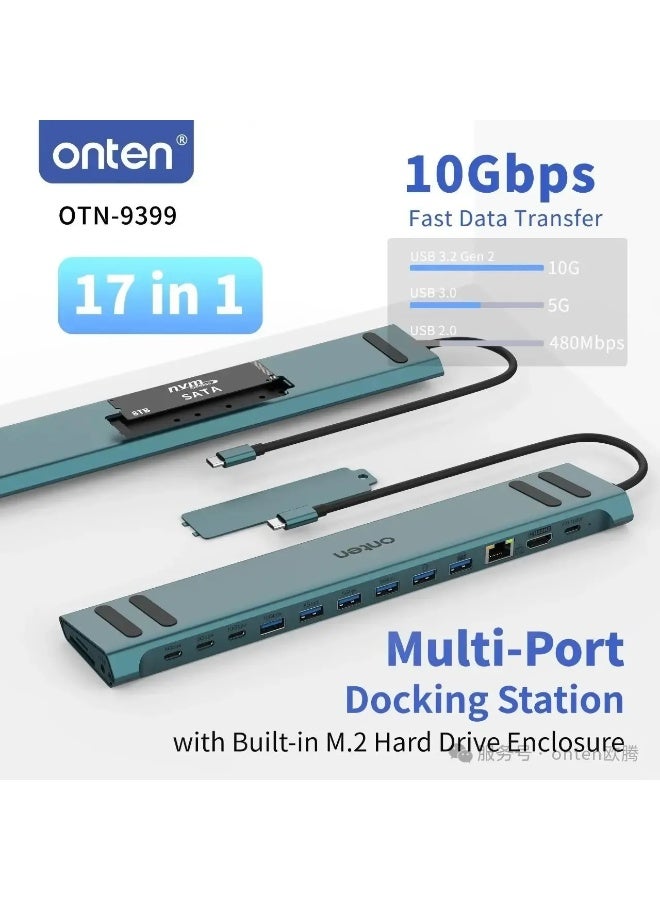 onten ont-9399 17-in-1 USB-C Hub Dual HDMI 4K M.2 HDD Enclosure 3-Screen Display Dual Gigabit Ethernet Card Reader for Laptop/Phone - Image 3