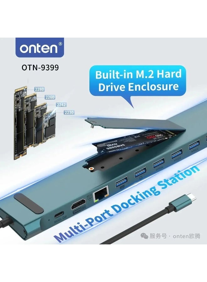 onten ont-9399 17-in-1 USB-C Hub Dual HDMI 4K M.2 HDD Enclosure 3-Screen Display Dual Gigabit Ethernet Card Reader for Laptop/Phone - Image 4
