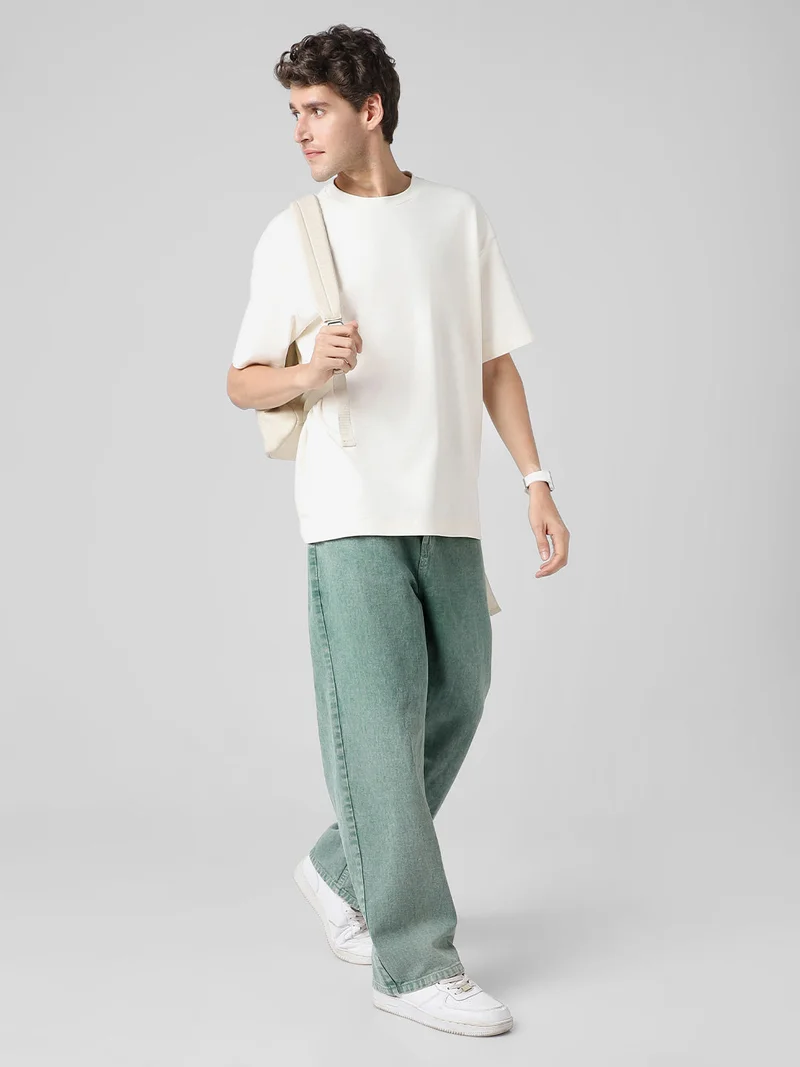 Urbano Fashion  Urbano Fashion Men's Turquoise Green Loose Baggy Fit Washed Jeans Non-Stretchable  | Best Price UAE