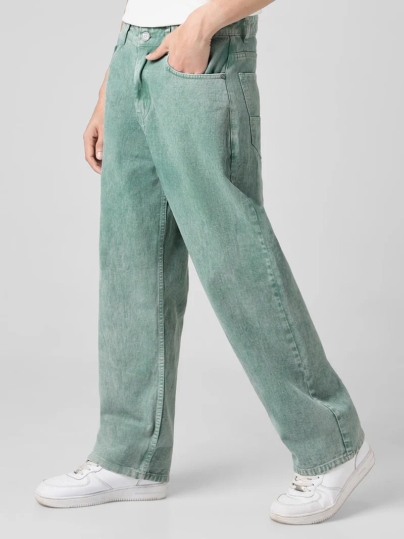 Urbano Fashion  Urbano Fashion Men's Turquoise Green Loose Baggy Fit Washed Jeans Non-Stretchable  | Best Price UAE
