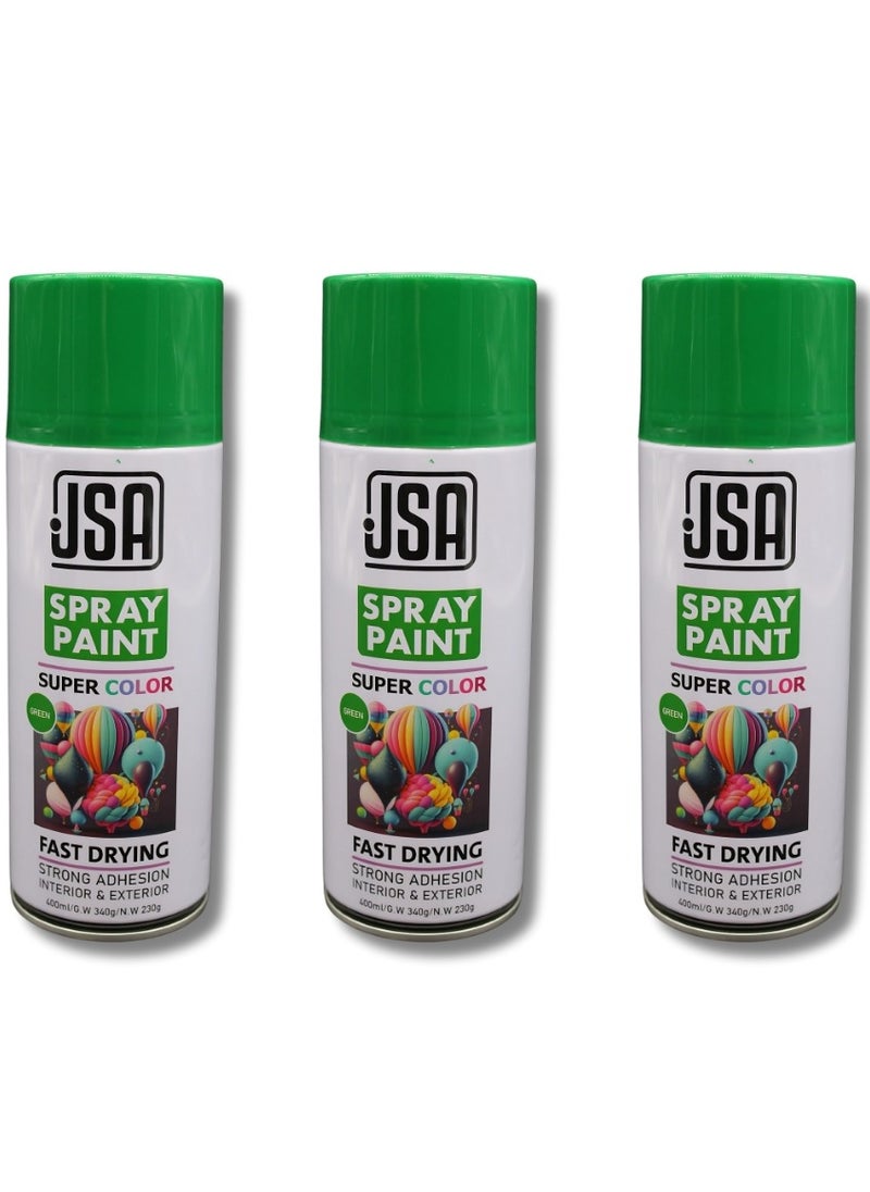 JSA A set of 3 multi-purpose spray paint cans in green color, each with a capacity of 400ml. This fast-drying paint is suitable for use on wood, plastic, and metal. Ideal for both indoor and outdoor applications, and perfect for DIY projects, automotive painting, and arts & crafts.  - Image 1