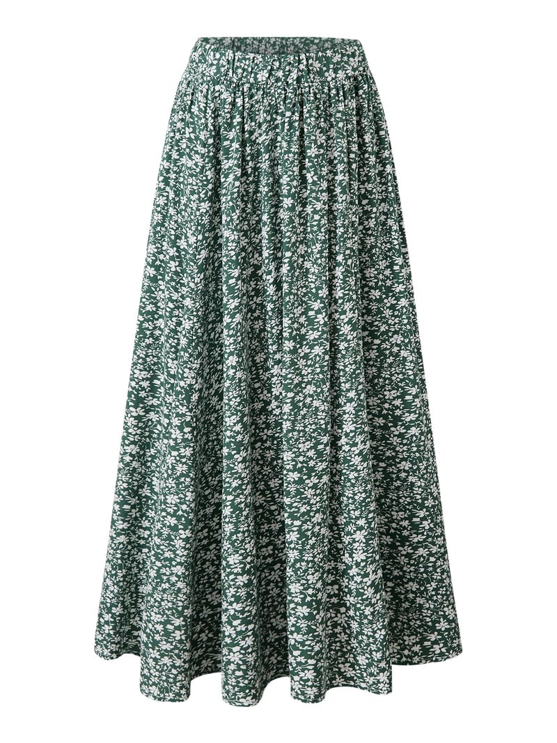 Seechoslo New 6-14 Years Girls Floral Maxi Skirt Boho Flowy A-Line Summer Midi Skirt with Elastic Waist (US, Age, 8 Years, Green) - Image 1