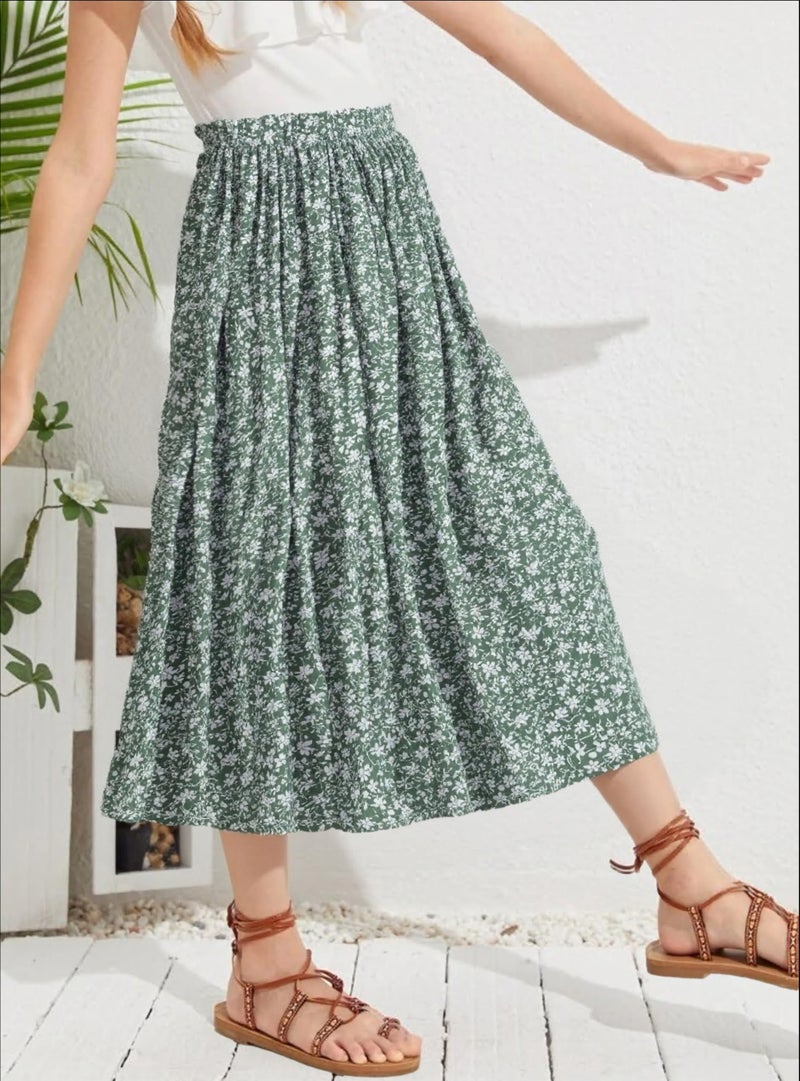 Seechoslo New 6-14 Years Girls Floral Maxi Skirt Boho Flowy A-Line Summer Midi Skirt with Elastic Waist (US, Age, 8 Years, Green) - Image 2